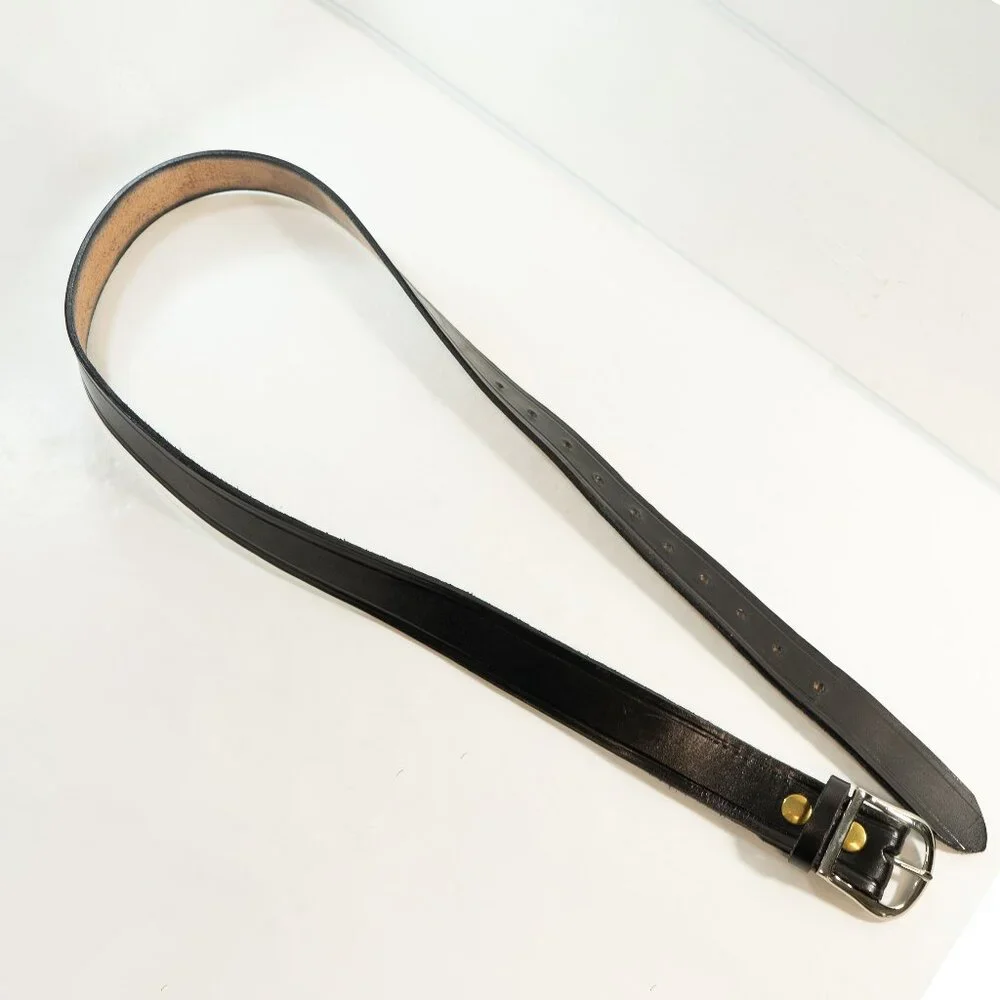Vintage Black Leather Cowboy Belt Western Silver Tone Brass Buckle Heritage Belt